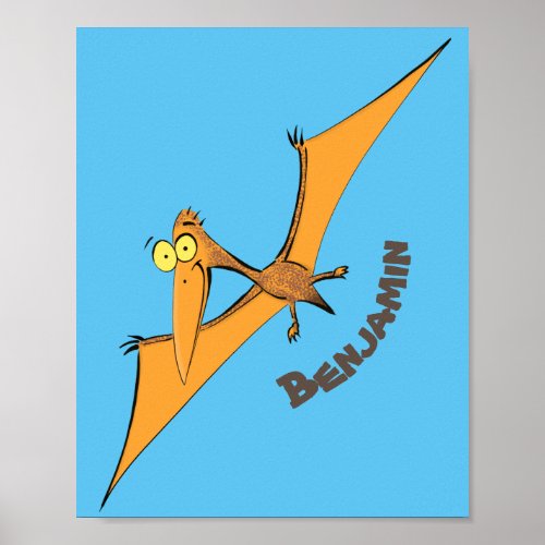 Funny cute orange flying pterodactyl cartoon poster