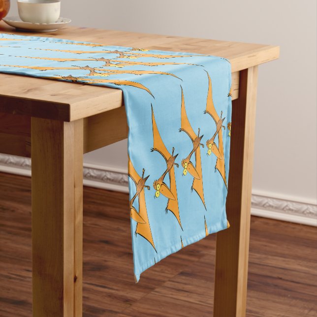 Funny cute orange flying pterodactyl cartoon short table runner (In Situ)
