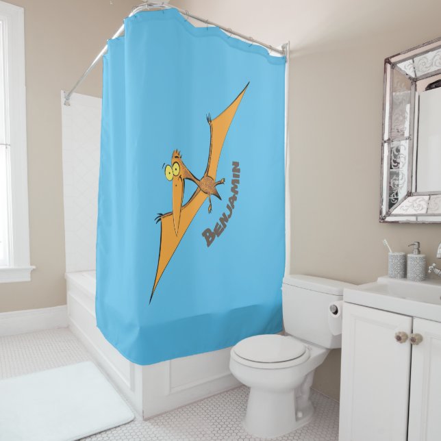 Funny cute orange flying pterodactyl cartoon shower curtain (In Situ)