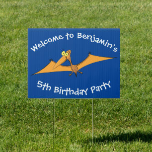 Funny cute orange flying pterodactyl cartoon sign