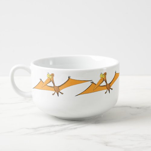 Funny cute orange flying pterodactyl cartoon soup mug