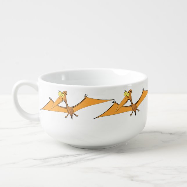 Funny cute orange flying pterodactyl cartoon soup mug (Right)