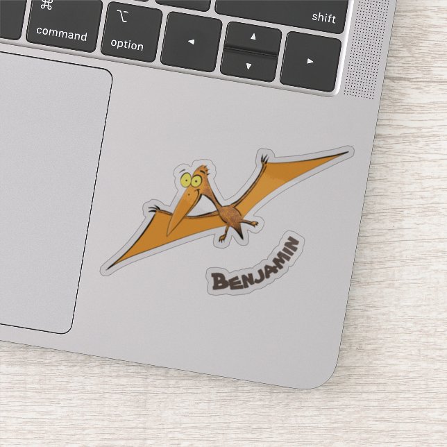 Funny cute orange flying pterodactyl cartoon sticker (Detail)