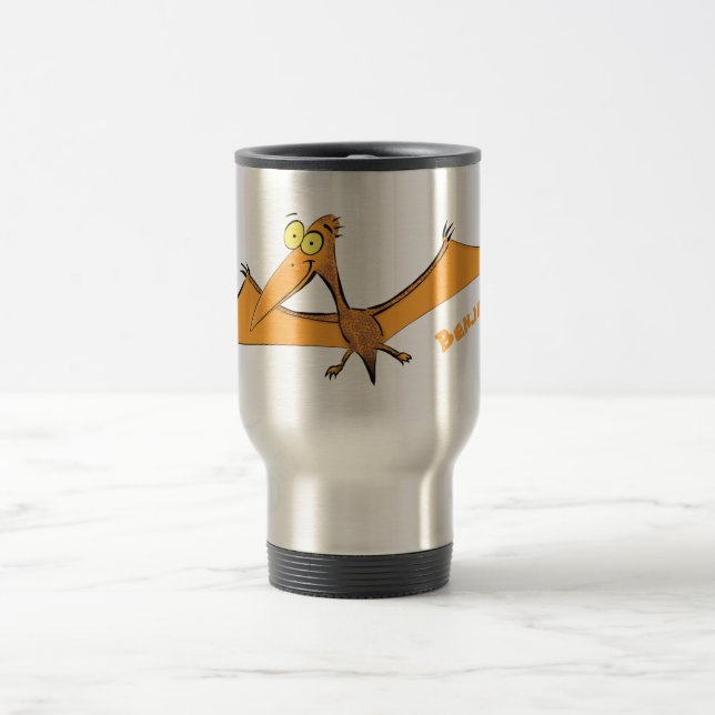 Funny cute orange flying pterodactyl cartoon travel mug (Center)