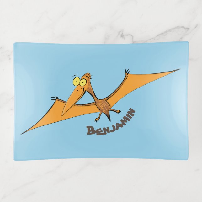 Funny cute orange flying pterodactyl cartoon trinket tray (Front)