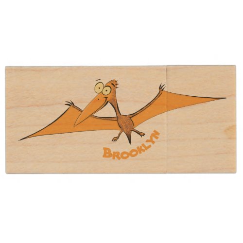 Funny cute orange flying pterodactyl cartoon wood flash drive