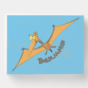 Funny cute orange flying pterodactyl cartoon wooden box sign