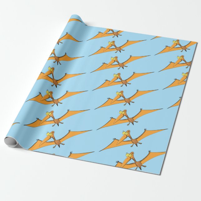 Funny cute orange flying pterodactyl cartoon wrapping paper (Unrolled)