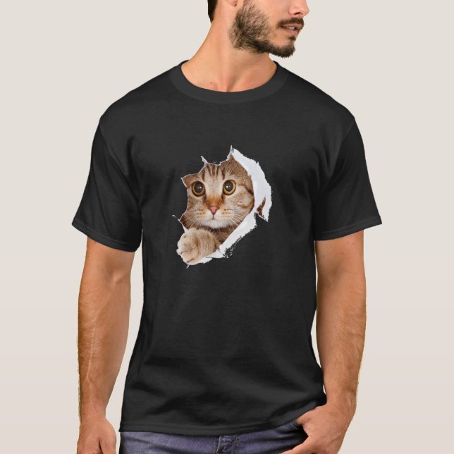 Funny Cute Orange Tabby Cat Ripping Through Paper T-Shirt (Front)
