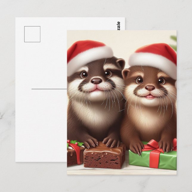 Funny Cute Otter Baking Christmas Cookies Postcard (Front/Back)