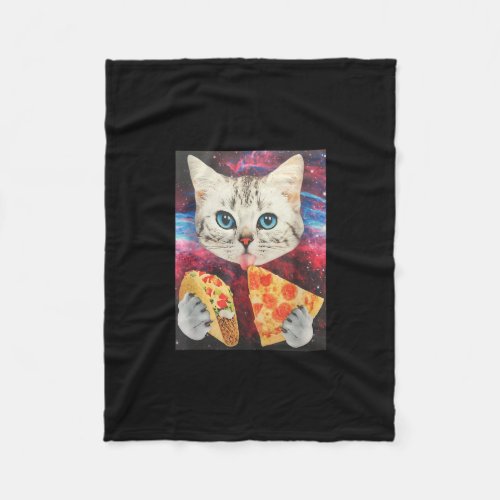 Funny Cute Outer Space Galaxy Cat Meme Pizza Taco Fleece Blanket