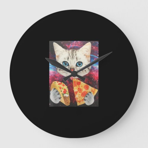 Funny Cute Outer Space Galaxy Cat Meme Pizza Taco Large Clock