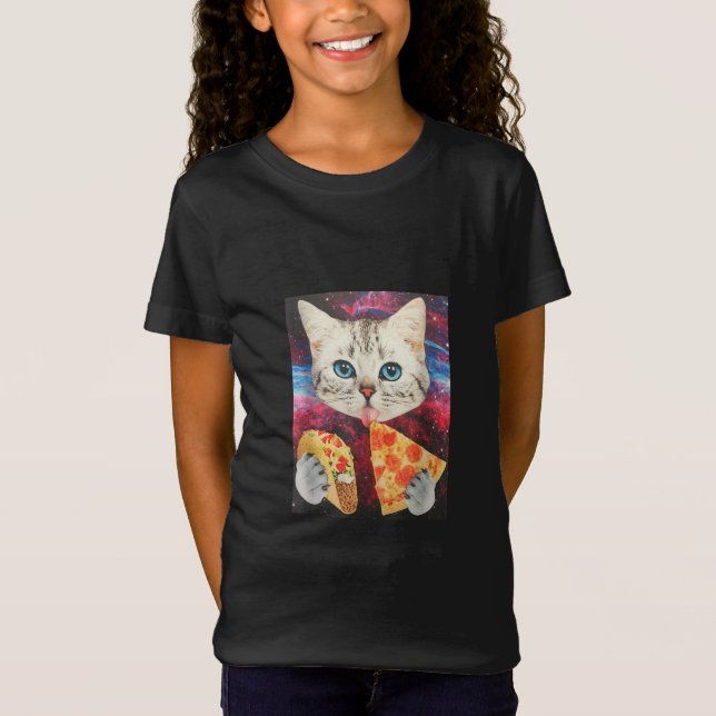 Funny Cute Outer Space Galaxy Cat Meme Pizza Taco T-Shirt (Front)