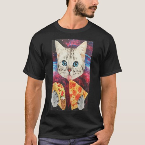 funny cute outer space galaxy cat meme pizza taco T_Shirt