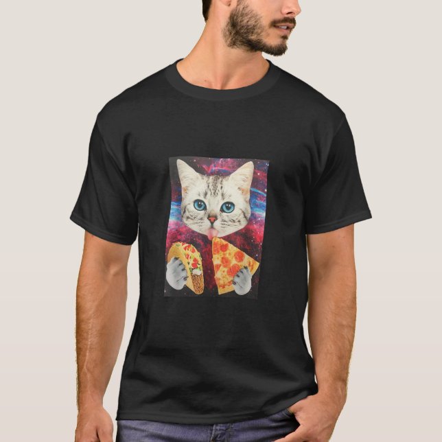 Funny Cute Outer Space Galaxy Cat Meme Pizza Taco T-Shirt (Front)