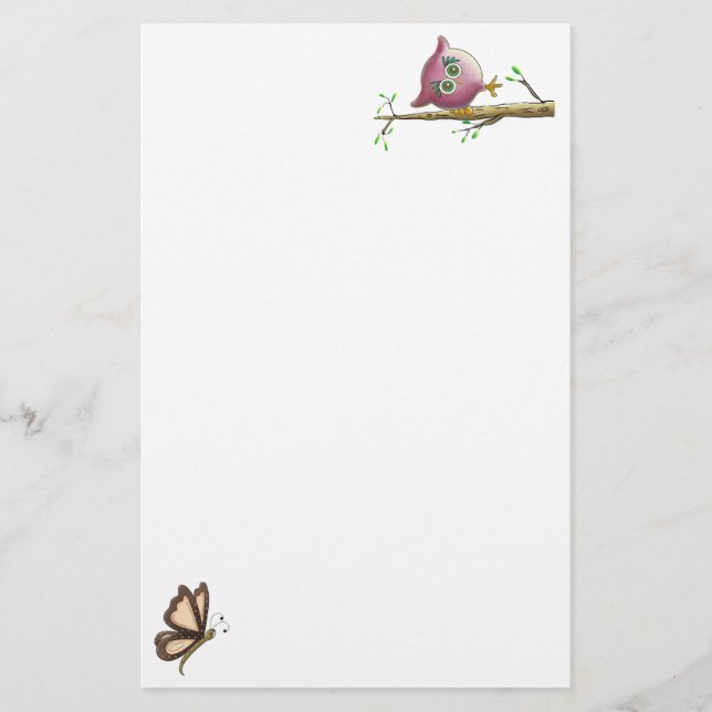 Funny Cute Owl & Butterfly Picture Stationery (Front)