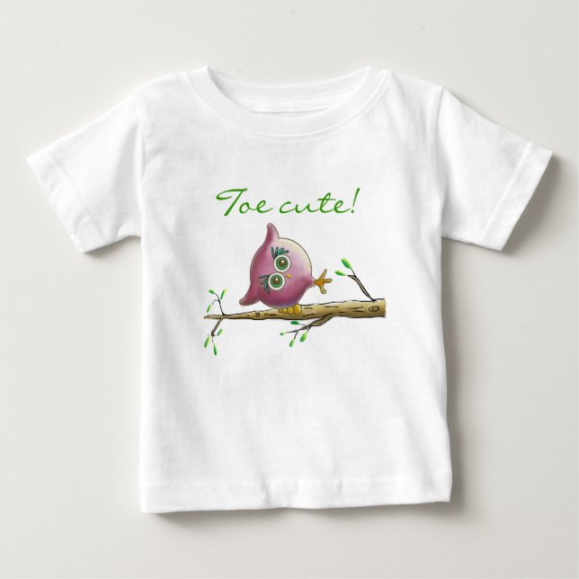 Funny & Cute Owl on a Branch Baby T-Shirt (Front)