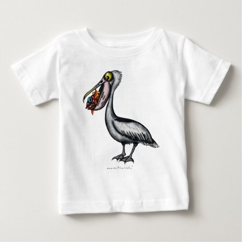 Funny cute pelican with angry fish baby t_shirt