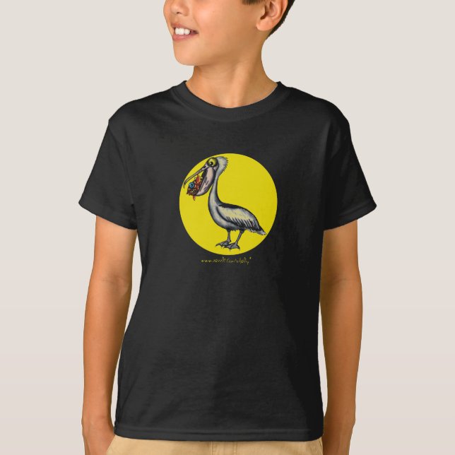 Funny cute pelican with angry fish t-shirt (Front)