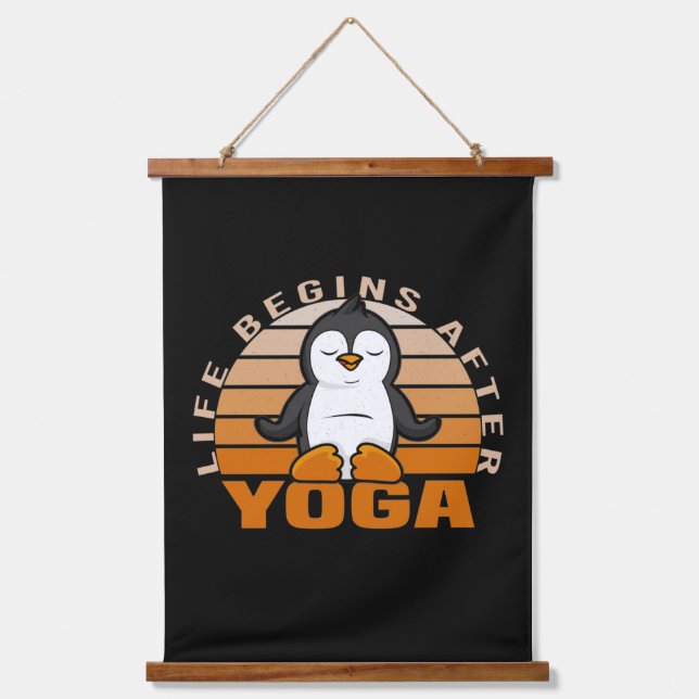 Funny cute penguin doing yoga. funny yoga poses hanging tapestry (Front)