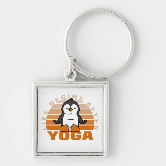 Funny cute penguin doing yoga. funny yoga poses keychain (Front)