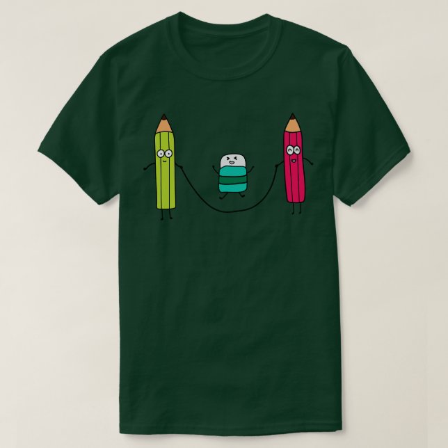 Funny Cute Pensils And Eraser Playing Jump Ropes  T-Shirt (Design Front)