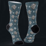 Funny Cute Pet Dog/Cat Photo Pawprint Socks<br><div class="desc">Customize these fun socks, with a photo of your own dog, cat in a modern circular pattern on a greyish blue background that can be changed to any color with cute little white pawprints with centered hearts. These socks are a great gift for a dog or cat lover and a...</div>