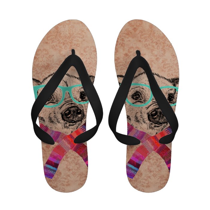 Funny Cute Pig Drawing Teal Geek Hipster Glasses Flip Flops