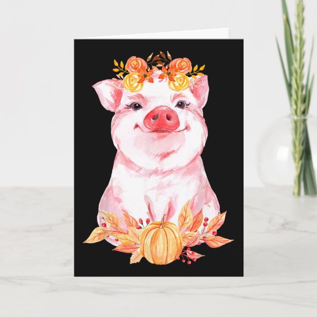 Funny Cute Pig Floral Autumn Fall Farm Animal Pigs Card (Front)