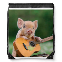 Funny Cute Pig Playing Guitar Drawstring Bag