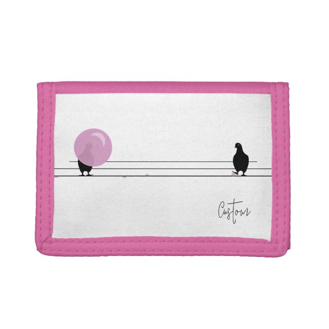 Funny Cute Pink Bubble Gum Birds On a Wire Trifold Wallet (Front)
