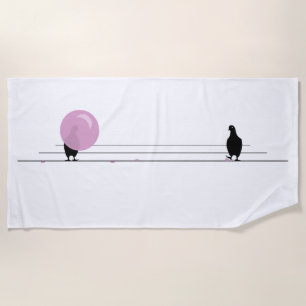 Funny Cute Pink Bubble Gum Birds On a Wire White Beach Towel