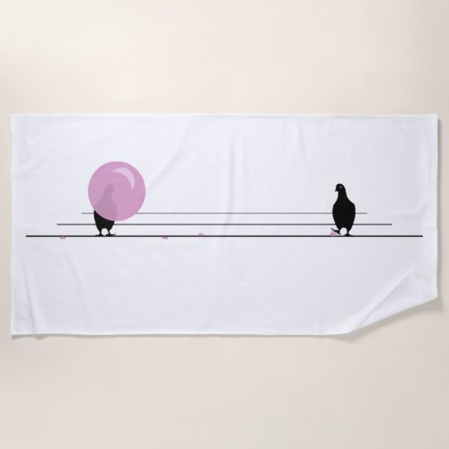 Funny Cute Pink Bubble Gum Birds On a Wire White Beach Towel