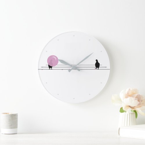 Funny Cute Pink Bubble Gum Birds On a Wire White Large Clock