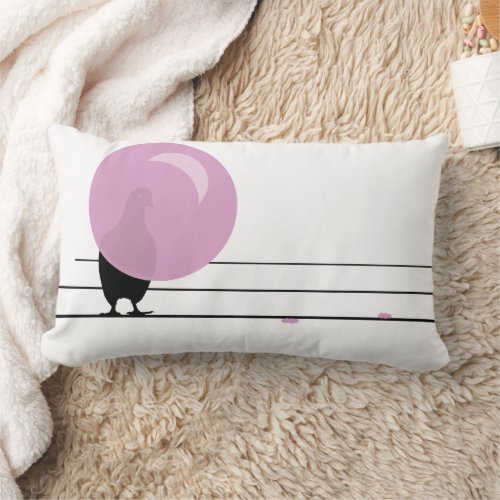 Funny Cute Pink Bubble Gum Birds On a Wire White Lumbar Pillow