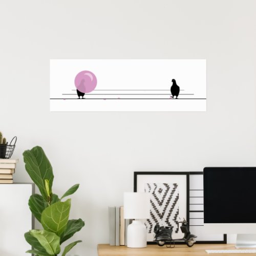 Funny Cute Pink Bubble Gum Birds On a Wire White Poster