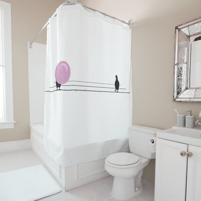 Funny Cute Pink Bubble Gum Birds On a Wire White Shower Curtain (In Situ)