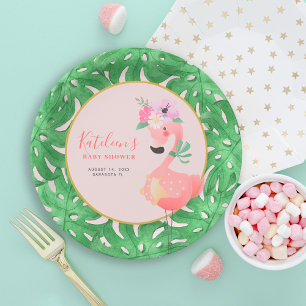 Funny cute pink flamingo baby shower blush paper plates