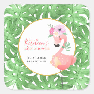 Funny cute pink flamingo baby shower blush square  square sticker
