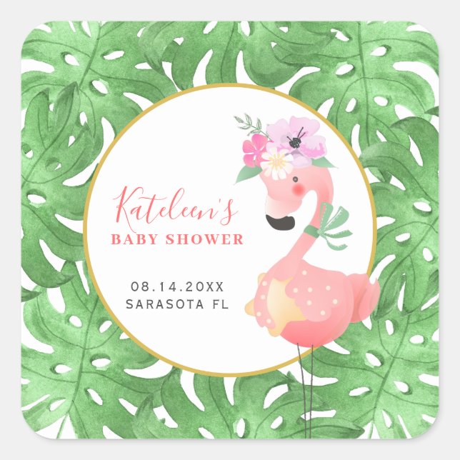 Funny cute pink flamingo baby shower blush square  square sticker (Front)