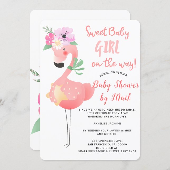 Funny cute pink flamingo baby shower by mail invitation (Front/Back)