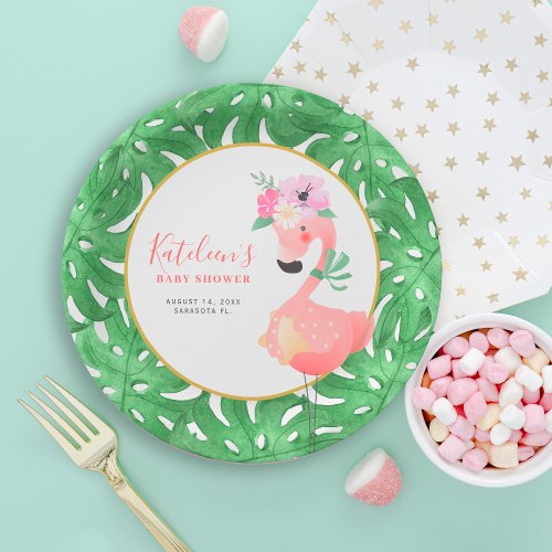 Funny cute pink flamingo baby shower paper plate
