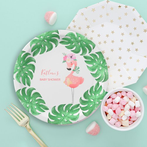 Funny cute pink flamingo baby shower paper plates