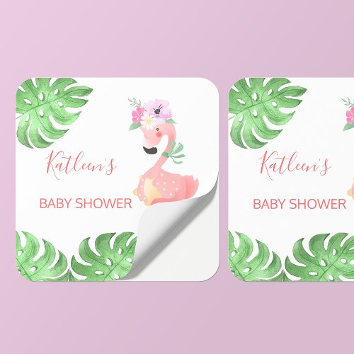 Funny cute pink flamingo baby shower square sticker