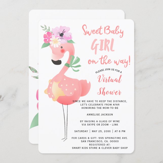 Funny cute pink flamingo baby shower virtual party invitation (Front/Back)