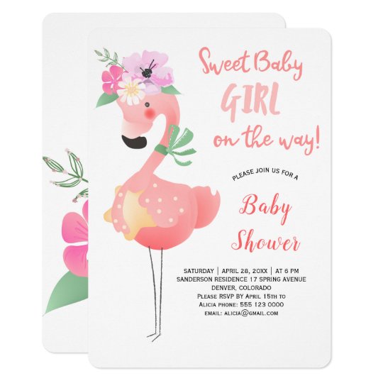 Funny Cute Pink Flamingo Floral Baby Shower Party Invitation