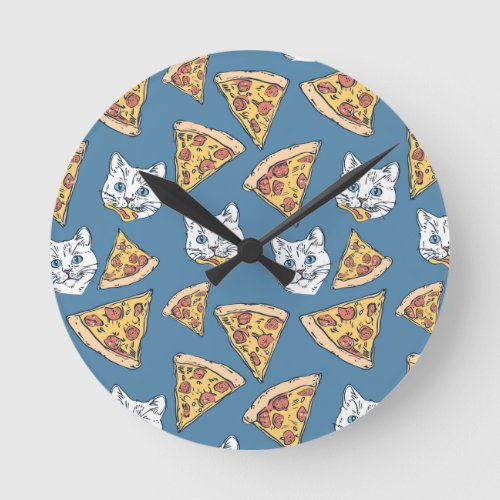 Funny Cute Pizza Cat Pattern Round Clock