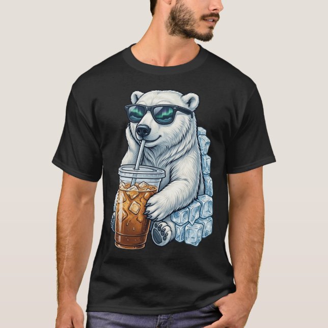 Funny Cute Polar Bear Drinking Iced Coffee Cool T-Shirt (Front)