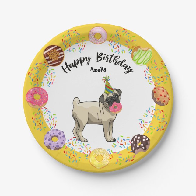 Funny Cute Pug Dog Donuts Birthday Party Paper Plates (Front)