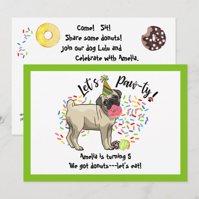 Funny Cute Pug Pet Dog Donuts Birthday Party Invitation (Front/Back)